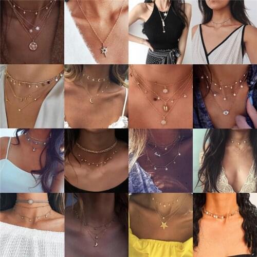 New Moon Star Eyes Retro Multilayer Crystal Pendant Necklace Fashion Golden Chain Bohemian Simple Ladies Gift Necklacee Jewelry