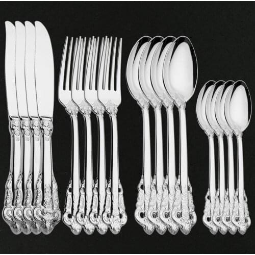 Luxury Silver Dinner Cutlery Set Retro Wedding Dinnerware 18/10 Stainless Steel Silverware Table Knife Fork Spoon Flatware Set