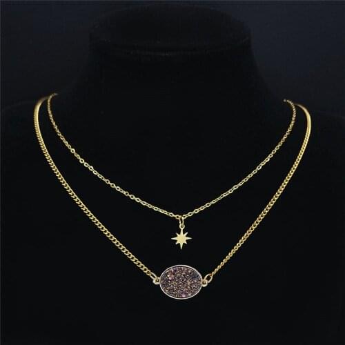 2PCS Brown Natural Stone Stainless Steel Star Layer Necklaces Gold Color Oval Necklaces Jewelry acier inoxydable bijoux NS04