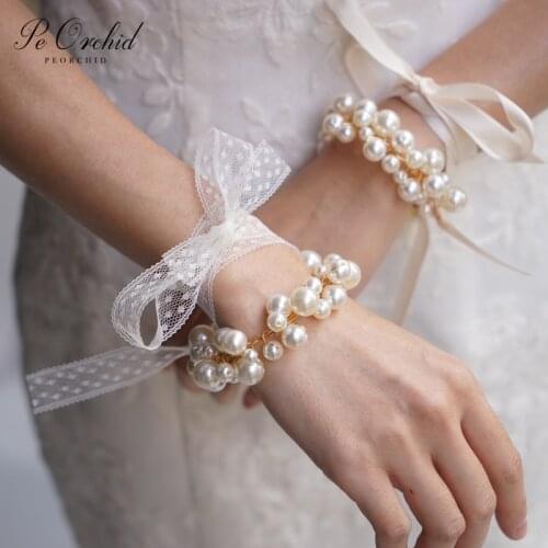PEORCHID Vintage Pearl Wedding Bracelets For Bridesmaids Wrist flower Bracelet Corsage Bridal Prom Party Accessoires De Mariage
