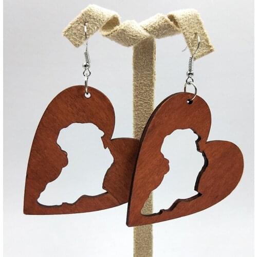 Roform Wholesale 12 Pairs Good Quality Africa map Heart-shaped Wood Earrings Organic brown Hollow African Woman Wooden Brincos