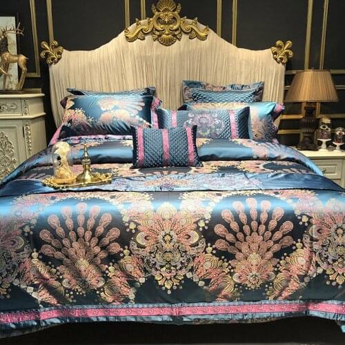 European Style Luxury Bedding Set Satin Jacquard Long Staple Cotton Blue Duvit Cover Sheet Pillowcase King Queen 4/6/8/10 PCS