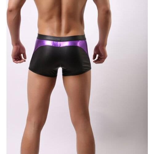 Sexy Men Patchwork Metallic Boxer Shorts Faux Leather Shiny Male Underwear Bulge Enhancing U Convex Design Erotic Lingerie FX12