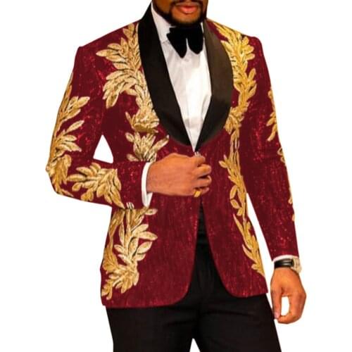 SOLOVEDRESS Mens Suit 2 Pieces Red Slim Shiny Glitter Gold Applique Prom Dress Jacket Party Suits Set (Blazer + Pants)