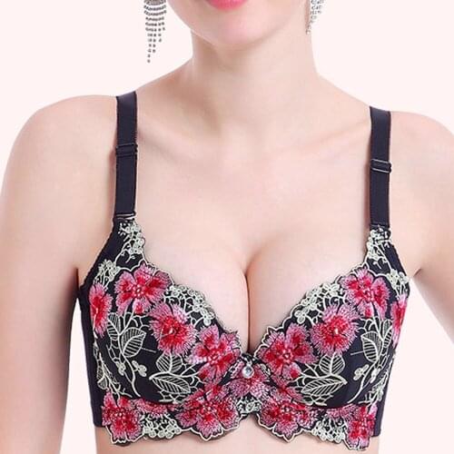 Vogue Secret Women Bra Black Print Floral Padded Classic Embroidery Push Up Cup Plus Size Sexy Lingerie Underwire Underwear