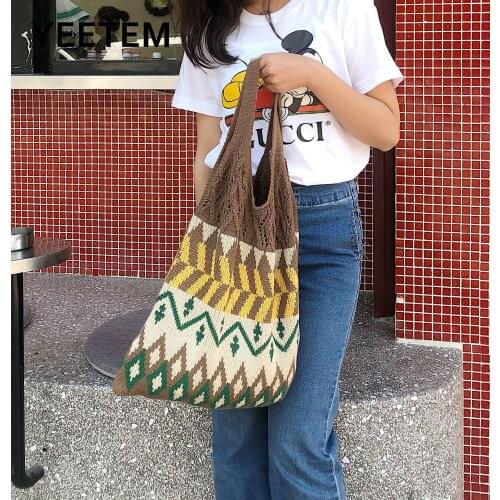 Ethnic Style Knitted Wool Bag Handbags 2020 New Japanese Harajuku Large Capacity Shoulder Bag Messenger Women Bag Satchels