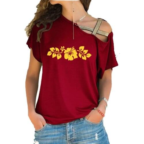 Dazzling Blooming Hibiscus Flower With Green Print Woment shirt New Summer Cotton Short sleeve Woman Irregular Skew Cross Tops