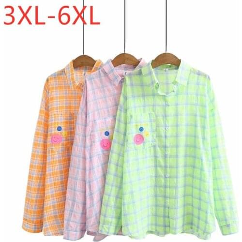 New 2021 Ladies Summer Plus Size Tops For Women Large Blouse Long Sleeve Loose Green Sunscreen Plaid Thin Shirt 3XL 4XL 5XL 6XL