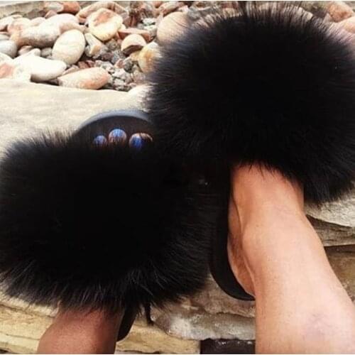 Women Summer Real Fox Fur Slides Women Non-slip Fluffy Fur Slippers Women Furry Slippers Ladies Cute Plush Fox Hair Slippers Hot