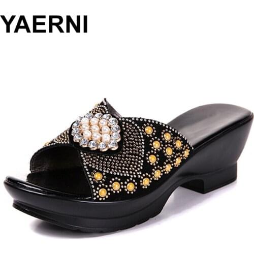 YAERNI Diamond Rhinestone Genuine Leather SummerShoes Mothers Fashion Outdoor Sandals Womens Large Size 40-42Cool SlippersE750