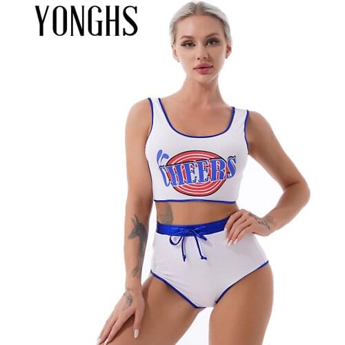 Womens Cheerleader Uniform Set Cosplay Costumes Outfits Letter Print Cropped Crop Tops with Drawstring Bottoms Sexy Pants Shorts