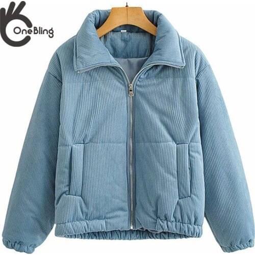 OneBling 2021 Za Woman Casual Traf Crop Tops Autumn Winter Warm Zipper Padded Jacket Stand Collar Female Corduroy Coats Parkas