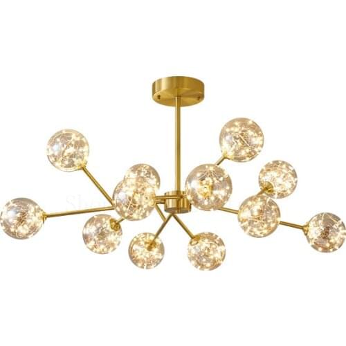 Nordic Golden Pendant Lamp Luxury Copper Product Glass Ball Starry Sky Pendant Lights Home Decor Three Color Dimming Chandelier