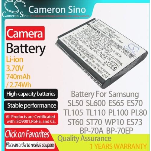 CameronSino Battery for Samsung SL50 SL600 ES65 ES70 TL105 TL110 PL100 PL80 ST60 fits Samsung BP-70A Digital camera Batteries