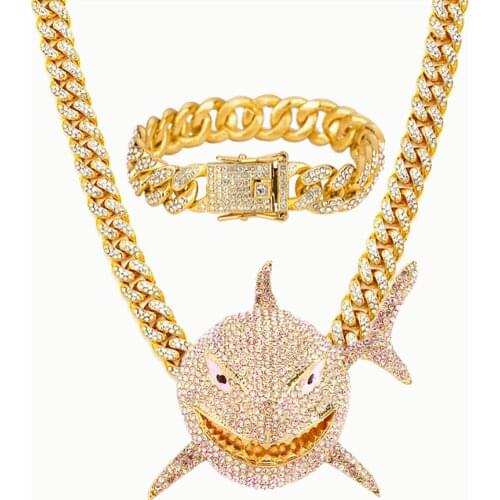 Rock Hip Hop 12mm Cuban Chain Shark Pendant Mens Necklace Iced Out Watch Rhinestone Rapper Chain CZ Bling for Men Jewelry Gifts