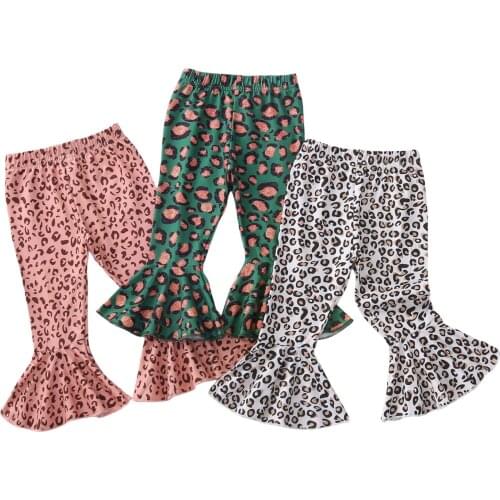 Citgeett Kids Girl Pants Wide-Leg Trousers Leopard Printed Fall Spring Party Casual Elastic Waist Ruffle Bell Bottoms