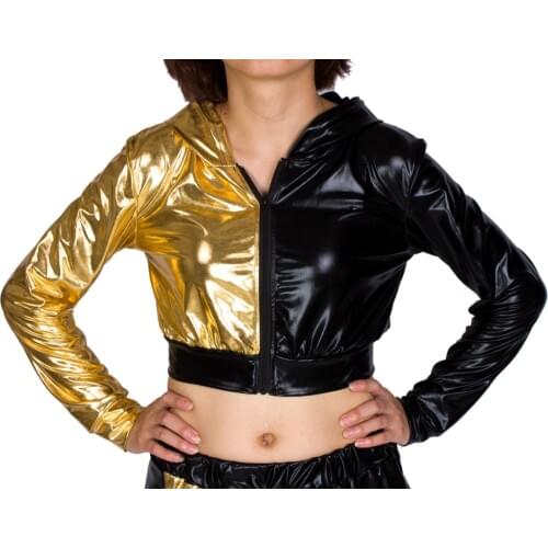 Heroprose Brand Fashion Women Black Gold short Tops Clothing Jazz Hip Hop Dance Performance Dancer With a hood Coat Jacket