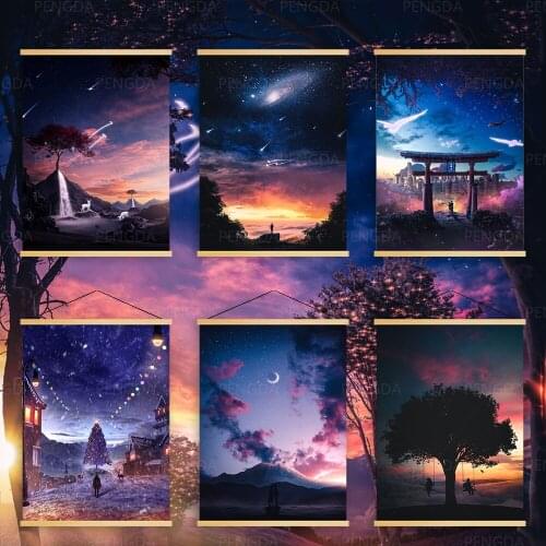 Canvas Home Decoration Animal Polar Bear Poster Print Pictures Wall Art Wooden Scroll Starry Sky Hang Paint Bedside Background