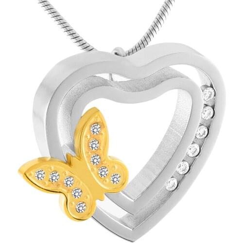IJD9407 Golden Butterfly On Heart 316L Stainless Steel Keepsake Memorial Urn Pendant Cremation Jewelry Necklace for Women