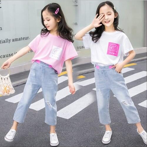 Girl Sets Children Summer Cotton O-Neck Lovely Contrast Print Tops+ Ripped Cropped Jeans Clothing Sets Kids Outfits Clothes Girl