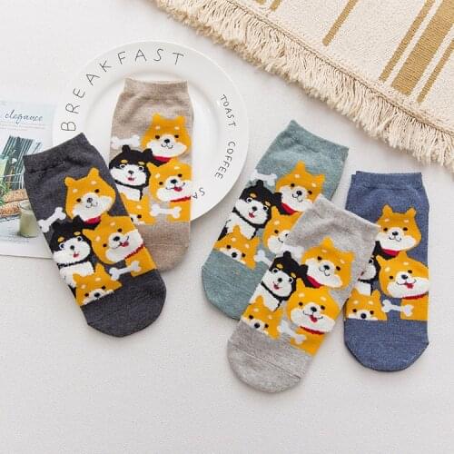 Short Socks Tube 5 Pairs Socks Womens Socks Shiba Inu Feather Yarn Cotton Casual Women Korean Fashion Socks Wholesale