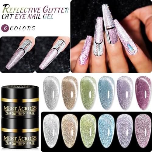 MEET ACROSS Reflective Cat Eye Gel Nail Polish UV LED Magnatic Flashing Nails Art Gels Varnish Semi Permanent Nails Lacquer