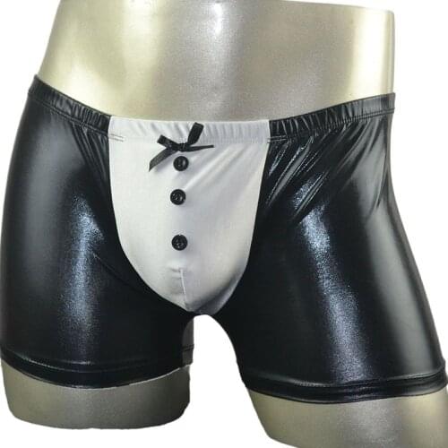 Men Gay Sexy Panties Wet Look Waiter Servant Uniform Role Play Boxer Briefs Shorts Underpants Erotic Underwear Fetish Costume