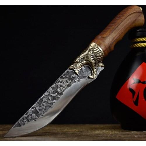 Newest 5.5 Inch Utility Handmade Viking Knife 7Cr17 High Carbon Steel Copper Dragon Decor Hunting Machete Barbecue Kitchen Knife