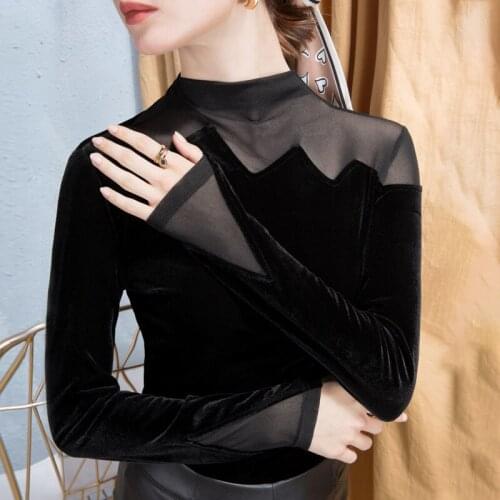 New 2021 Autumn Winter Woman Tshirts Korean Fashion Slim High Neck Velvet T-shirt Embroidered Long Sleeve Bottoming Shirt