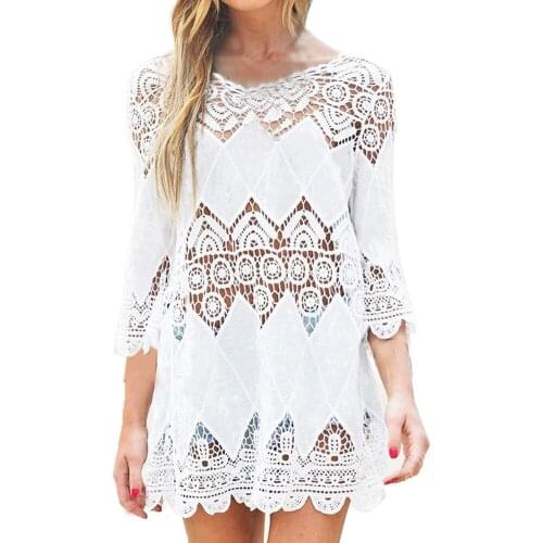 New Summer Swimsuit Lace Hollow Crochet Beach Bikini Cover Up 3/4 Sleeve Women Tops Swimwear Beach Dress White Beach Tunic Shirt