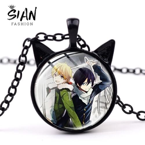 SIAN Noragami Aragoto Black Cat Ear Necklace Yukine Yato Hiyori Figure Pendant Glass Cabochon Necklaces Jewelry Gifts For Kids
