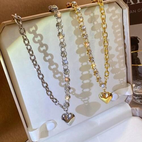 Origin Summer Silver Gold Color Love Heart Pendant Necklace for Women Shinning Rhinestone Chunky Chain Necklace Cool Accessories