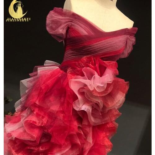 Rhine Real picture Off The Shoulder Red Ruffle Slit Floor Length women evening dress long formal dresses 2021