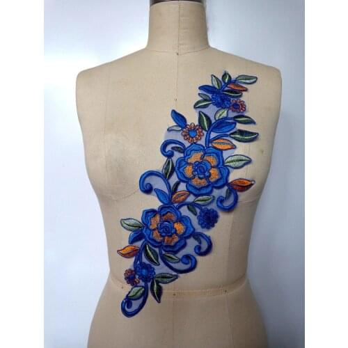Sew on deep blue/golden multicolored lace applique trim Water - soluble embroidery lace 41*13cm