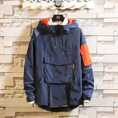 Front Pocket Pullover Jackets Men Fad Autumn Half Zipper Hoodie Jacket Male Hip Hop Casual Windbreaker Coat Streetwear