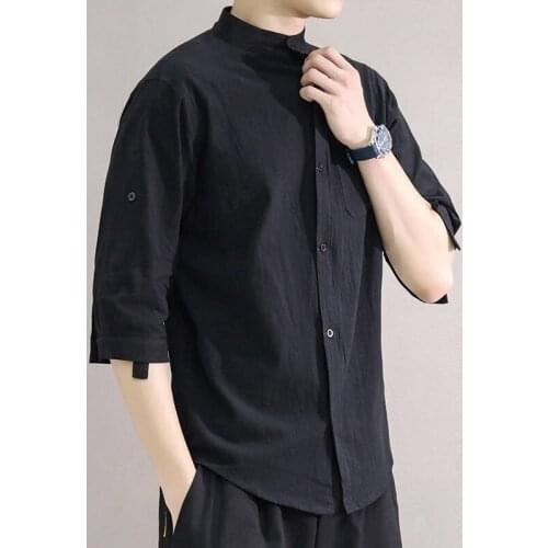 2021 Summer Mens Chinese Style Linen Cotton Fabric Short Sleeve Shirts Solid Color Camisa Masculina Streetwear Casual Shirts