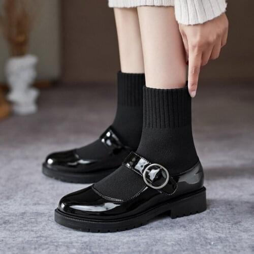 Flying Knitting Wool Tube Mid-Calf Boots Bright Patent Leather Socks Overshoes Metal Belt Buckle Thick Bottom Warm Elastic Boots