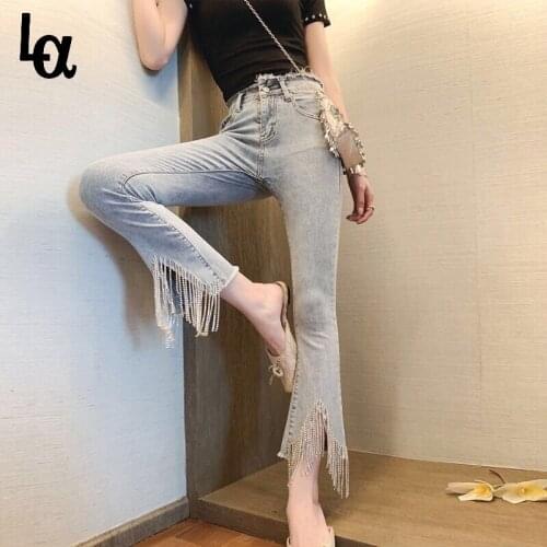 Luck A Petite Ankle Elastic Denim Pants Women Jeans With Beads Tassel Rhinestones Jeans Vintage Skinny High Waist Stretchy Jeans