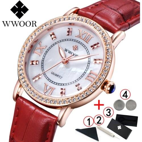 WWOOR Dress Watches Women Top Luxury Brand Fashion Rhinestones Leather Watch Womens Wristwatch Red Clock Bayan Kol Saati 2019