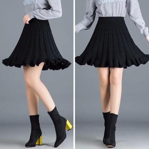Black Sexy Mini Skirt Knitted Women Pleated Ruffle Kawaii Autumn Elastic Waist Falda 90s Vintage Harajuku Japanese Style Skirts