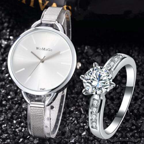 Women Watches Bangles Set Fashion Watch Silver Steel Ladies Wristwatch with ring Female Montre Bracelet Hodinky Relogio Feminino