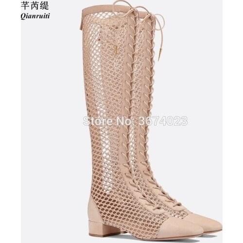 Qianruiti Summer Women Fashion Runway Knee High Fishnet Boots Sandals Cross Net Tied Cut Outs Thick Low Heels Lace up Shoes 2018