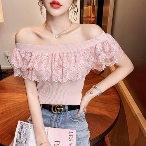 Slash neck tops women 2021 summer lace patchwork knit design ice silk short-sleeved women ruffles tops