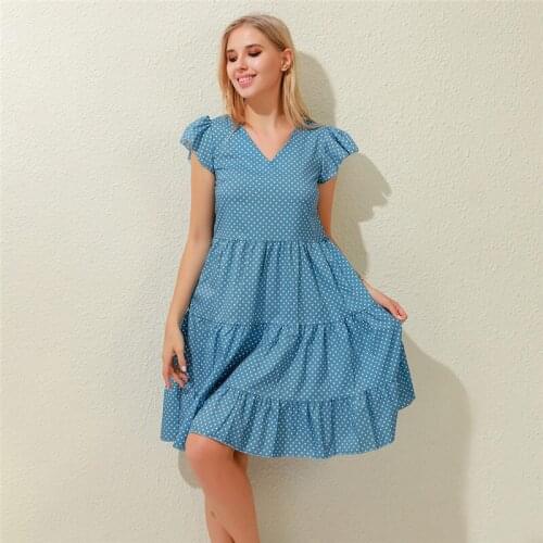 Fashion Sundress For Women Elegant Ruffles Sleeves Dot Dresses Boho Vestidos Multi-Layer V-Neck Hem Mini Dresses For Femme