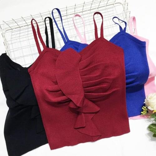 Summer Sexy Style Club Womens Clothing Crop Top Fashion Knitted T-Shirts Spaghetti Strap Female V-neck Ruffles Tees V-neck New