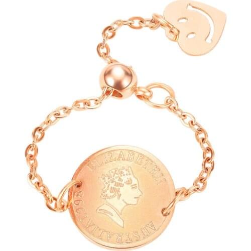 Fashion Heart Smiley Round Queen Coin Chain Rings For Women Vintage Stainless Steel Rose Gold Adjustable Unusual Finger Rings