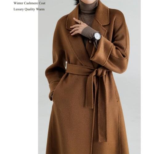 100% Cashmere Coat Women Long windbreaker water ripple double-faced Fashion Lady kimono Warm Winter Autumn women Camel coat