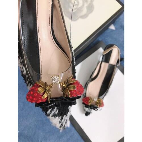 2021 Genuine Leather Color Block Shoes Woman High Heel Pumps Pearl Buckle Luxury Shoes Women