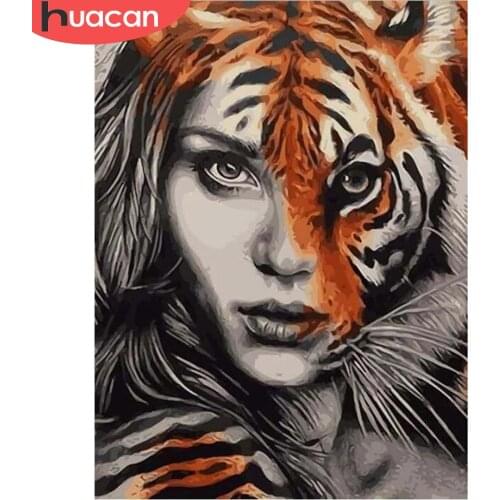 HUACAN Diamond Painting Tiger Girl Diamond Mosaic Animal Cross Stitch Handmade Rhinestones Pictures Full Display Gift Home Decor