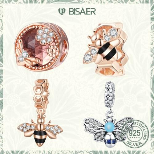 BISAER Little Bee Beads 925 Sterling Silver Silicone Insect Charms Fit Bracelet Necklace DIY Jewelry Accessories Gift EFC370
